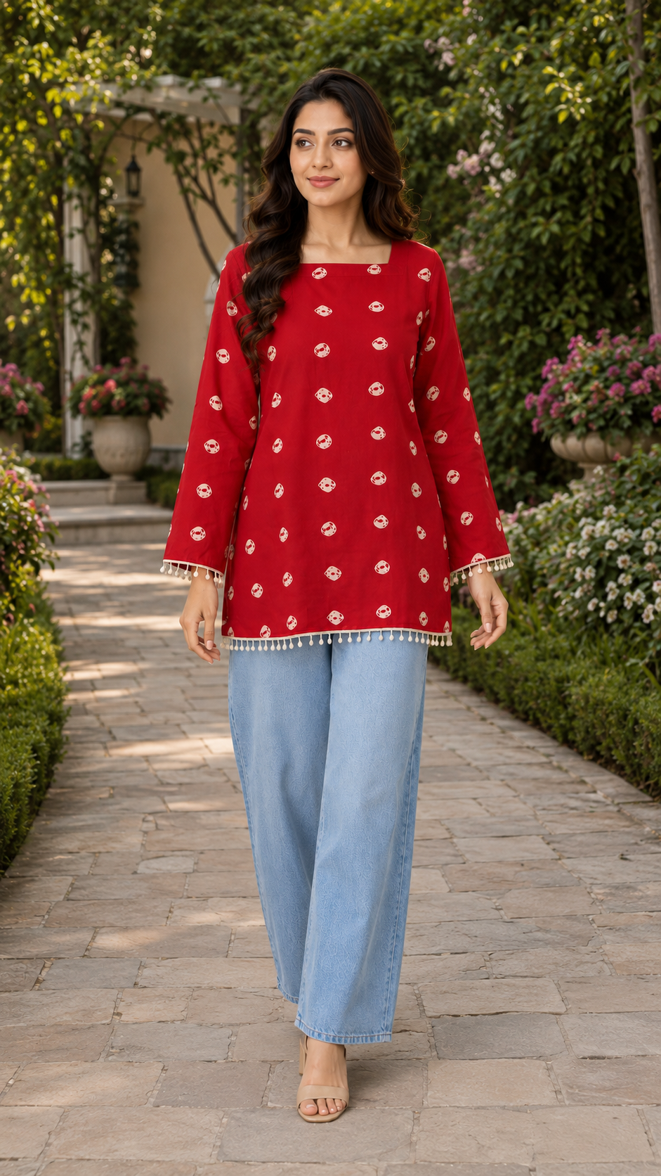 Polka Pattern Red Short Kurti
