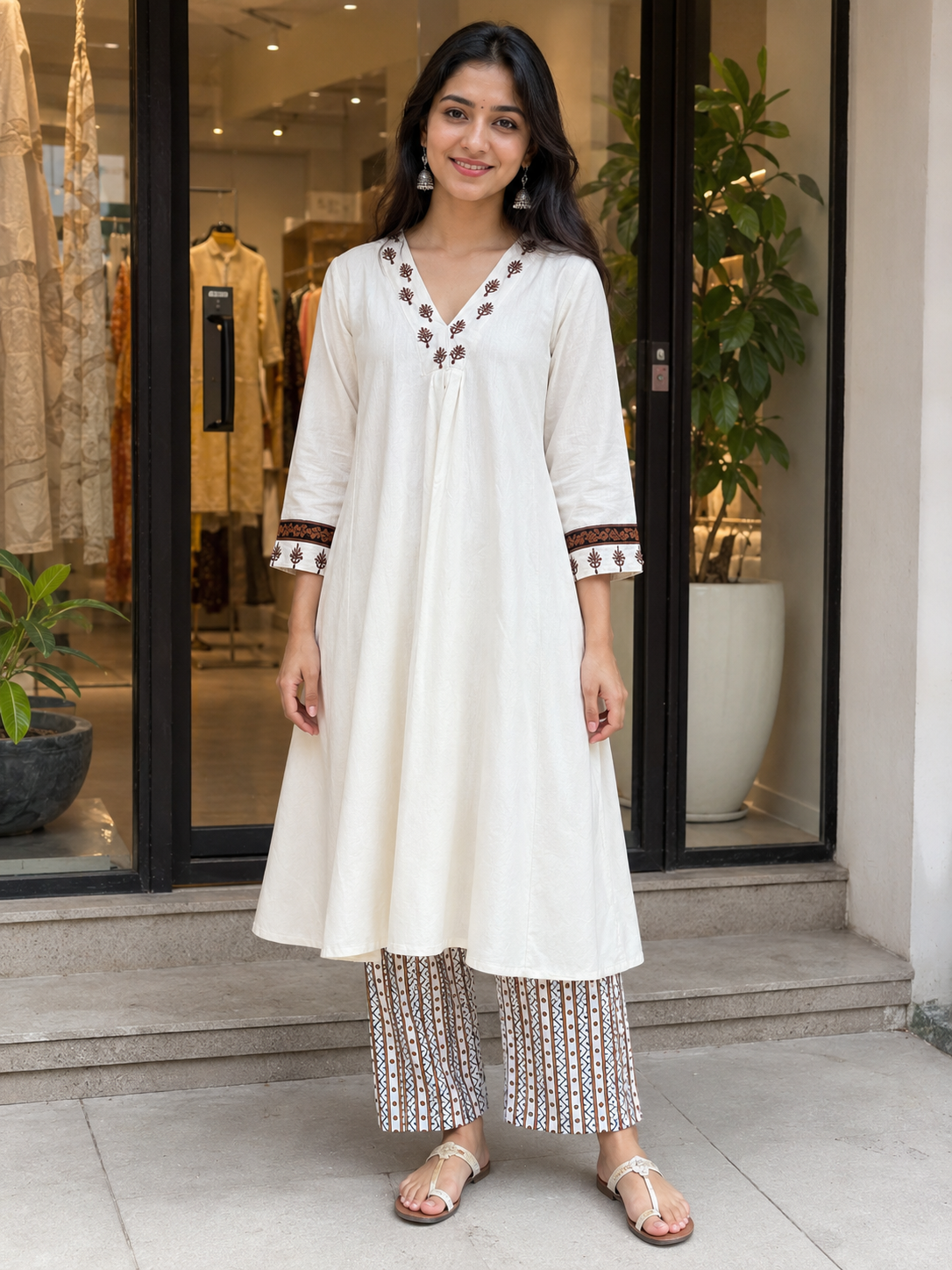 Off White Embroidered Kurta Set