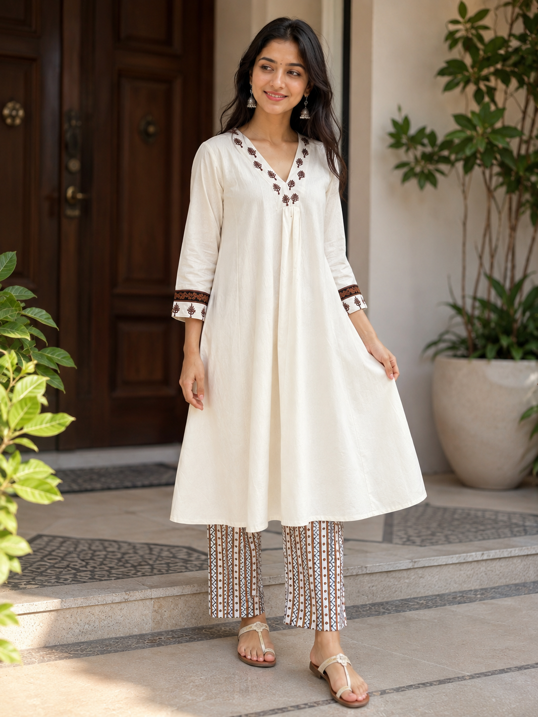 Off White Embroidered Kurta Set