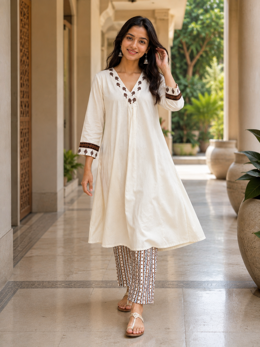 Off White Embroidered Kurta Set