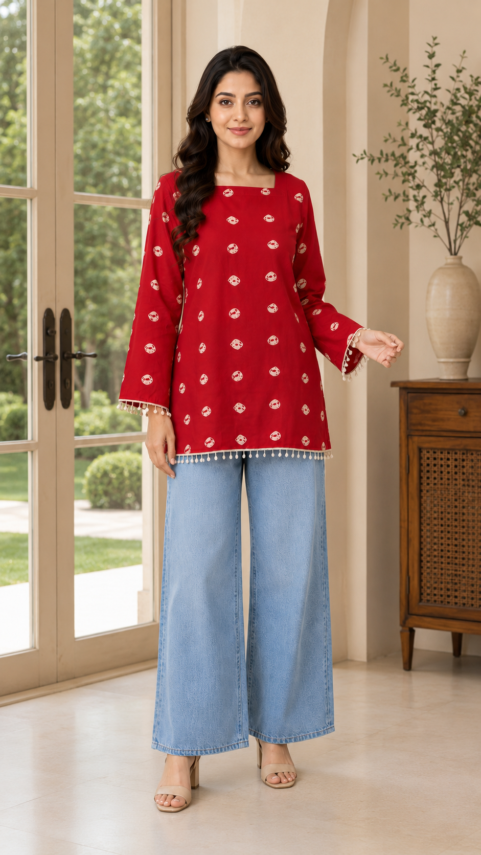 Polka Pattern Red Short Kurti