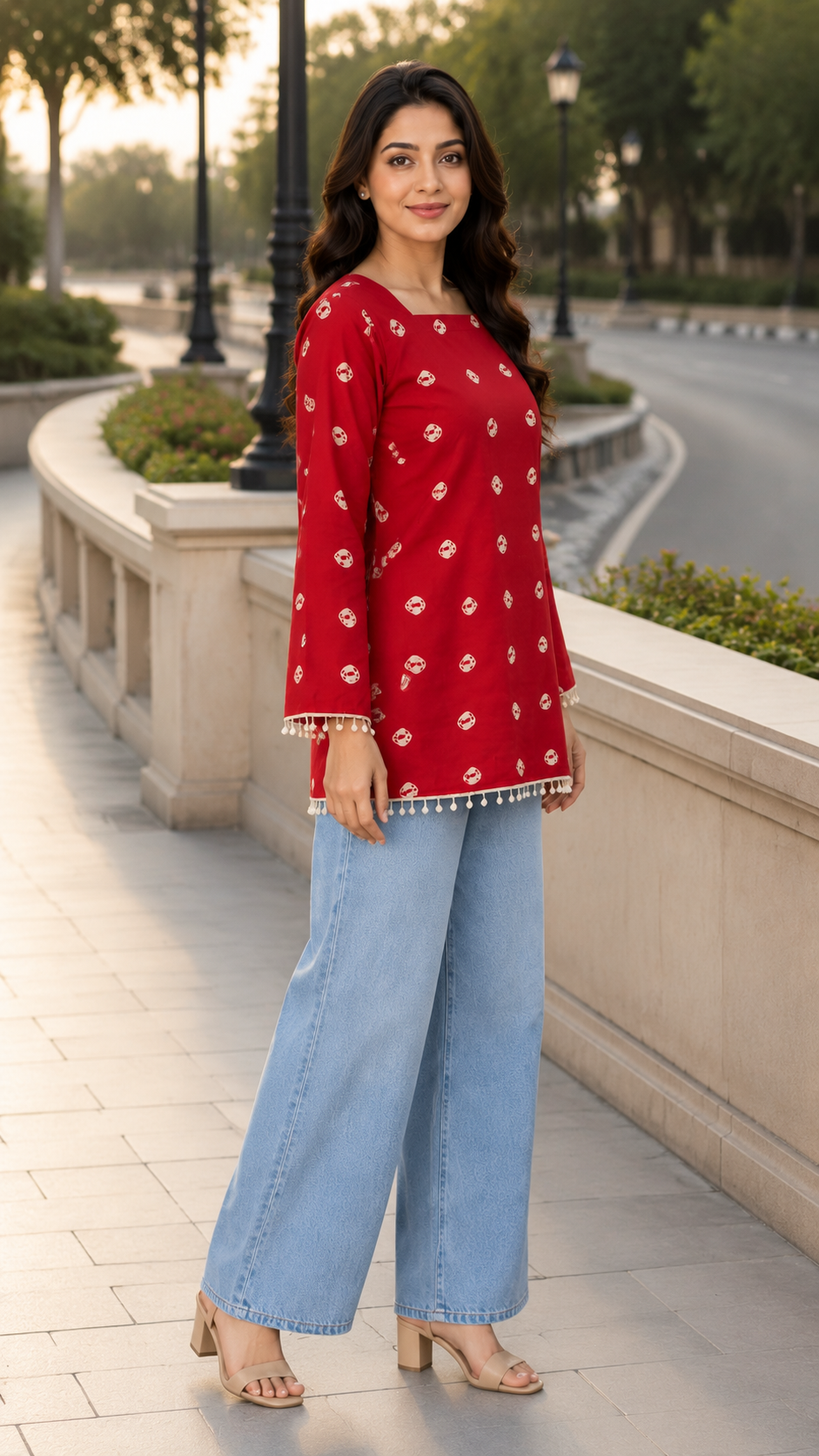 Polka Pattern Red Short Kurti