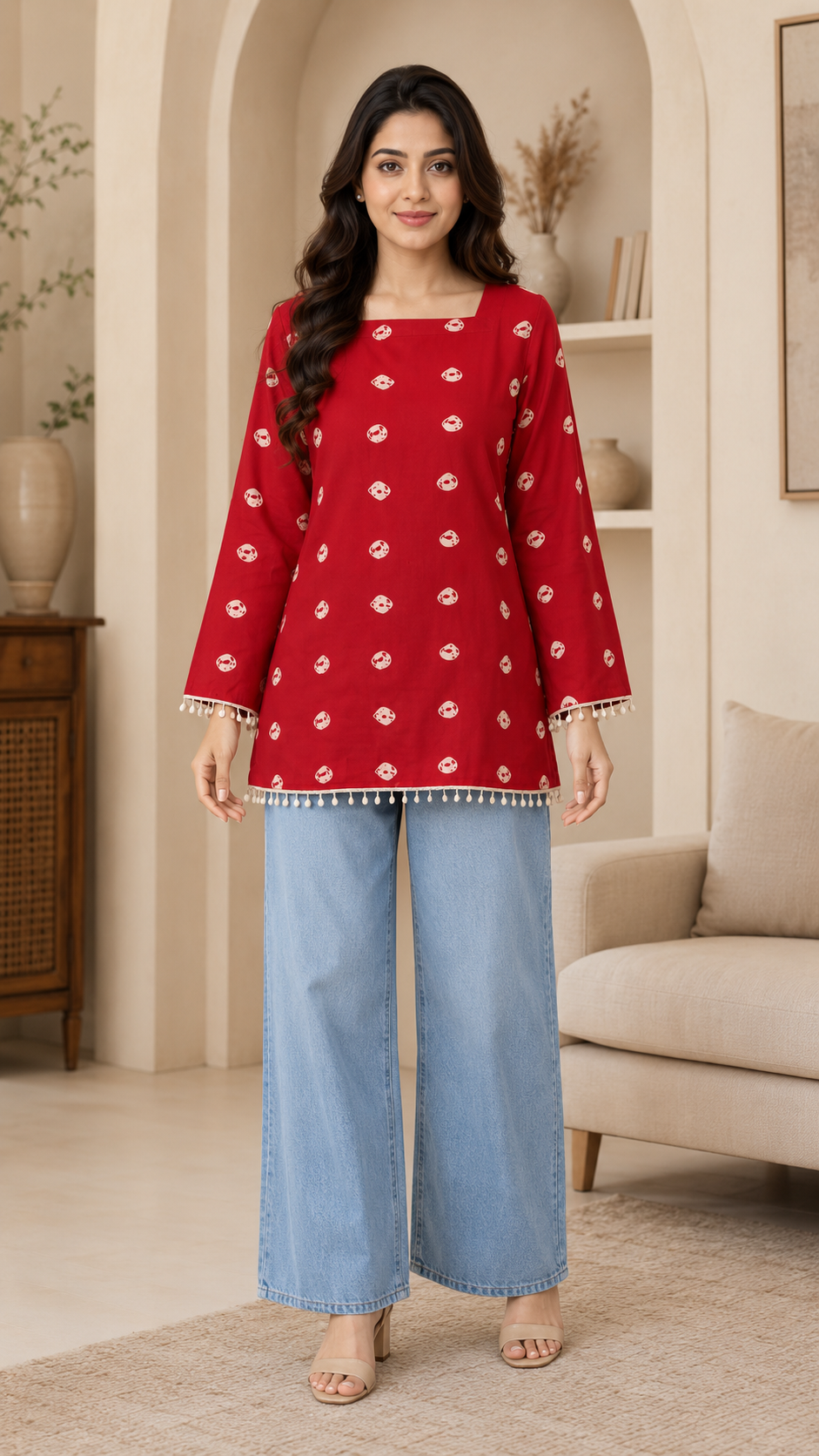 Polka Pattern Red Short Kurti
